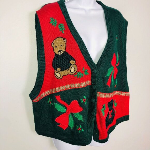 Vintage Bryn Connelly Sweater Vest Womens 2X Green Christmas New Teddy Bears - Picture 3 of 7
